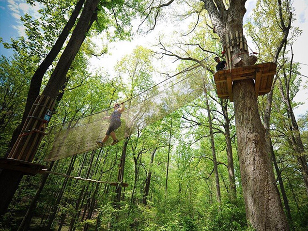 Climber walks across net obstacle