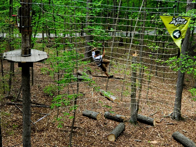 A man enjoying a Tarzan Swing at Go Ape outdoor adventure ropes course Chicago