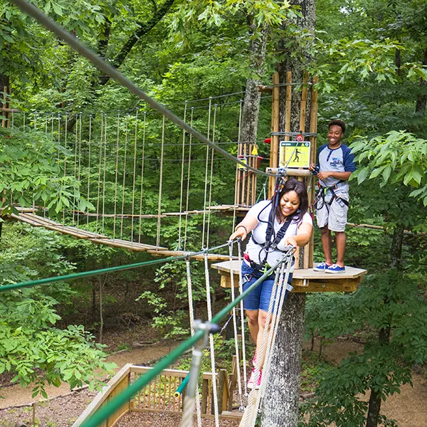 Woman wearing harness navigates treetop obstacle while a smiling friend watches from adjacent wooden platform