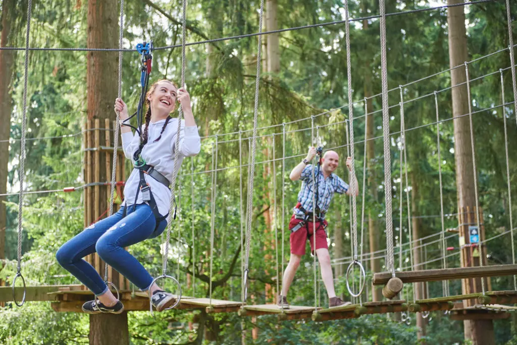 Smiling teenagers navigate adjacent treetop obstacles consisting of ropes, swinging wooden platforms, and dangling metal rings