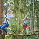 Smiling teenagers navigate adjacent treetop obstacles consisting of ropes, swinging wooden platforms, and dangling metal rings
