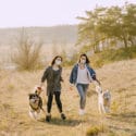Two masked women each walk a happy dog on a leash through a grassy field