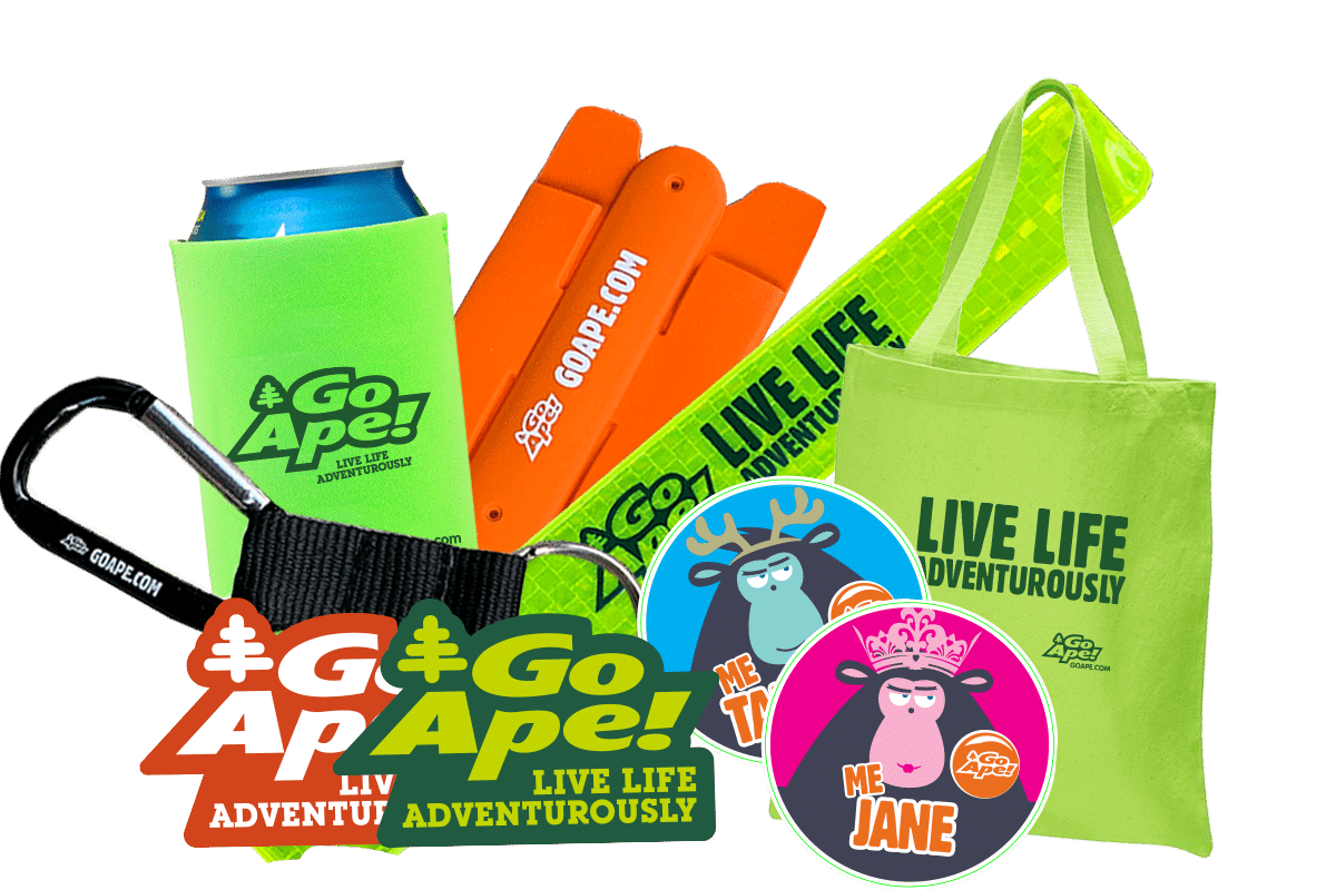 Items from a Go Ape adult goodie bag: Go Ape stickers, sunglasses, karabiners, drink can koozy, tote bag