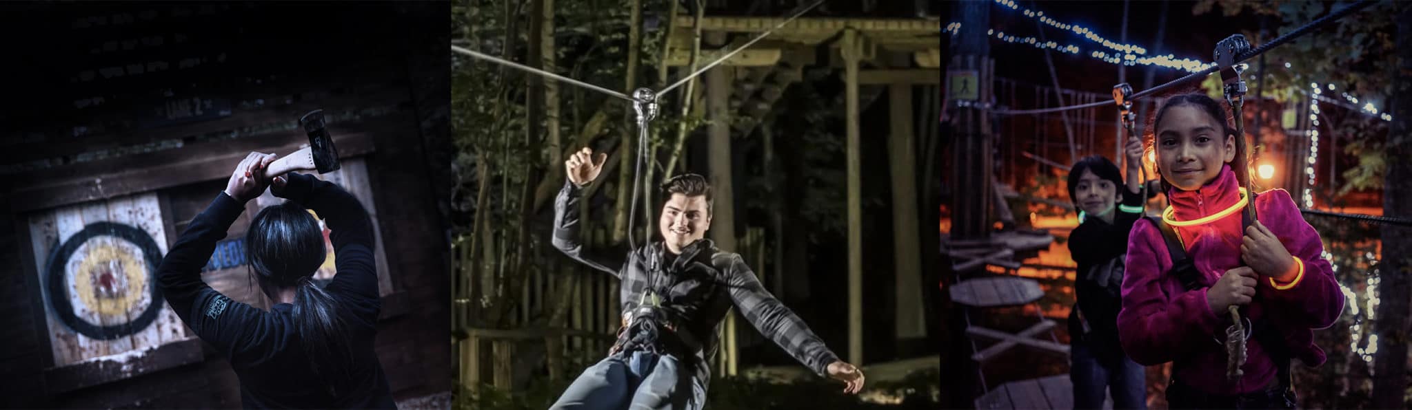 Visitors enjoying axe throwing, zip lines, and wearing glow in the dark necklaces while navigating treetop obstacles after sundown
