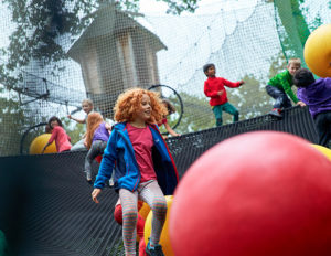 kids bouncing on treetop nets