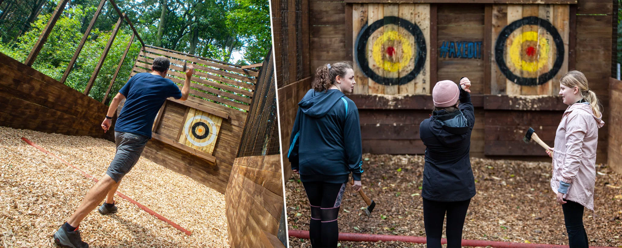 People throwing axes at targets