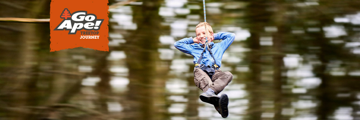 little boy in blue smiling on zipline