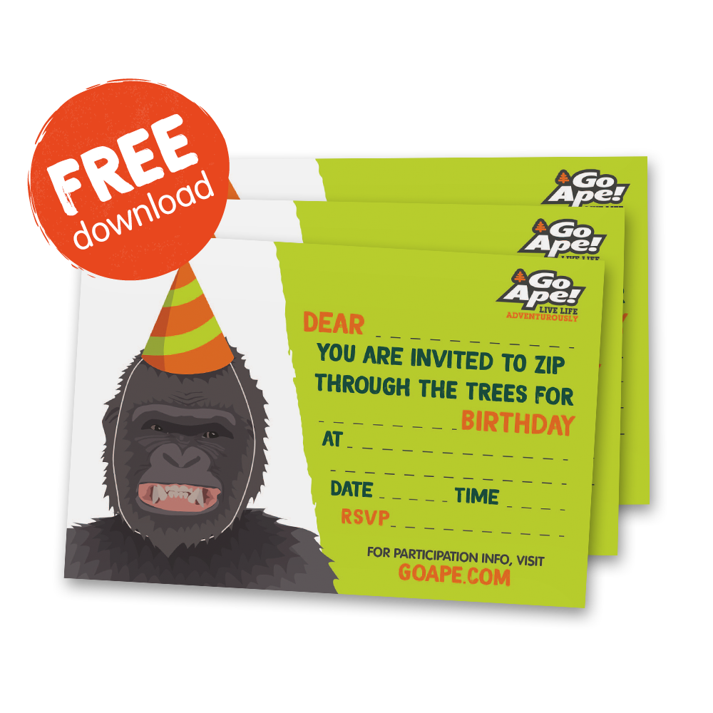 FREE birthday party invitation download - for your adventure of a birthday at Go Ape Zipline & Adventure Park